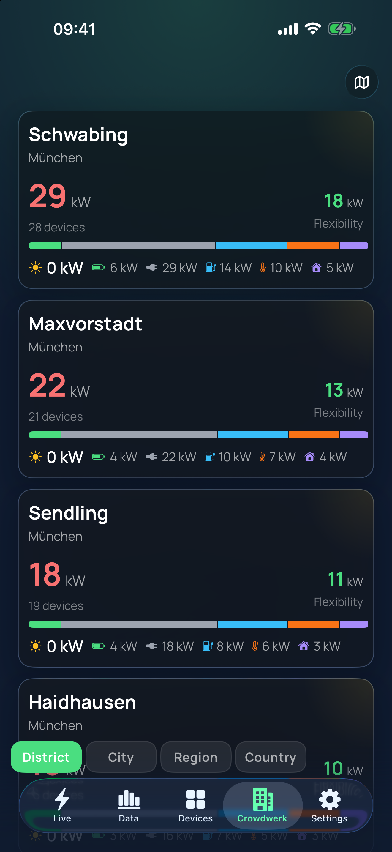 Crowdwerk tab: anonymised neighbourhood aggregation by district, city, region and country